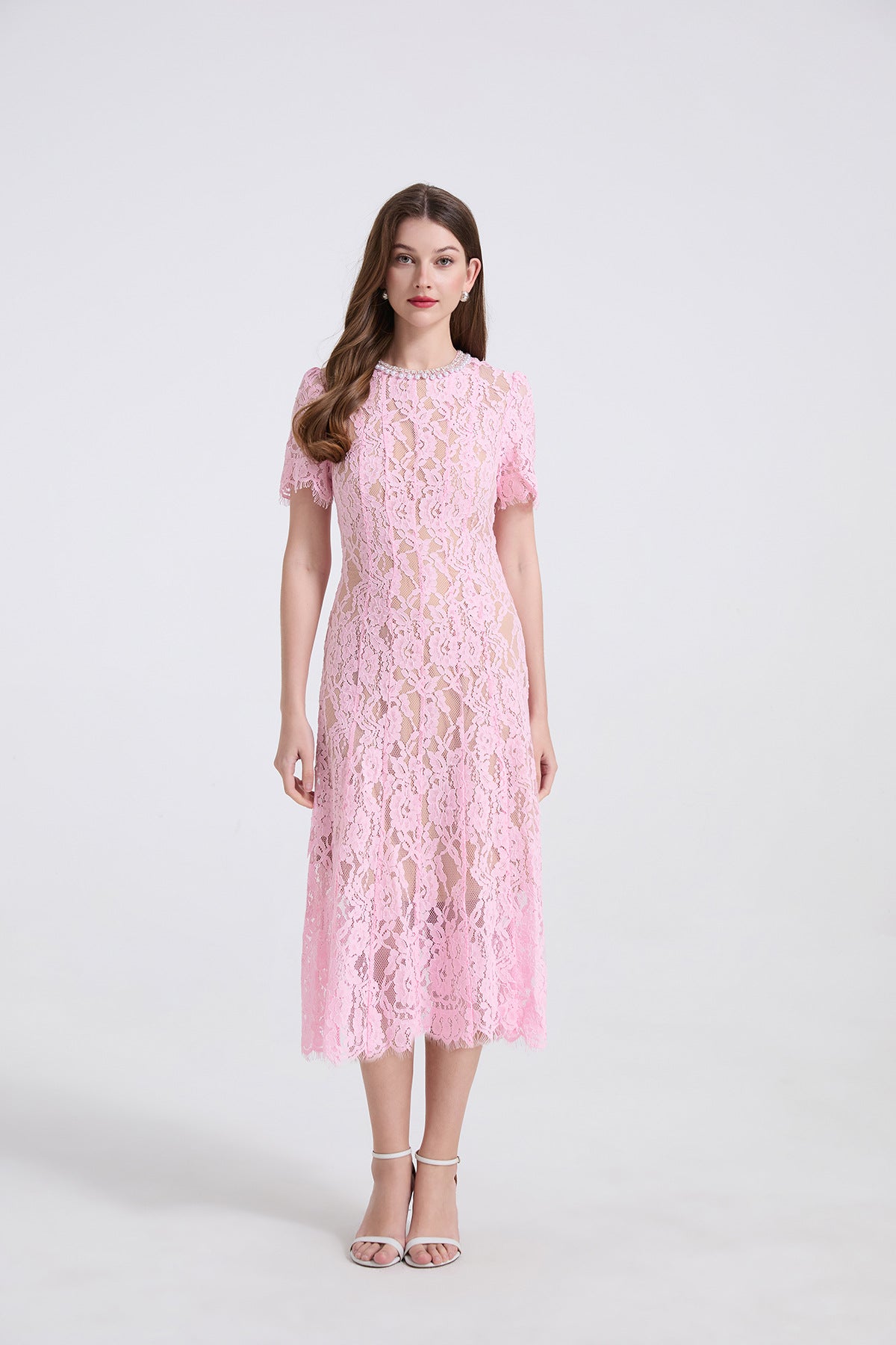 Pearl Embellished Lace Midi Dress