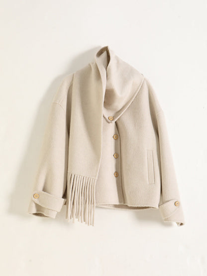 Silk-Blend Camel Wool Short Coat with Detachable Collar