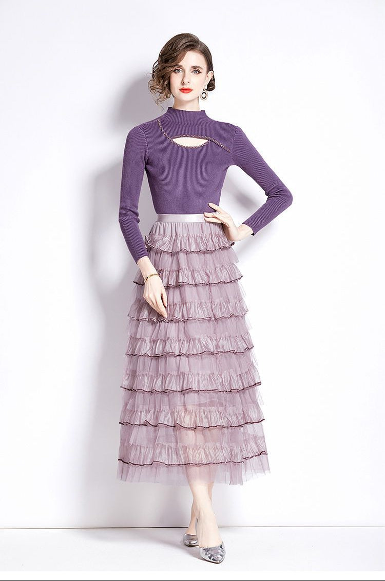 Layered Knit & Tulle Maxi Dress – Faux Two-Piece Design
