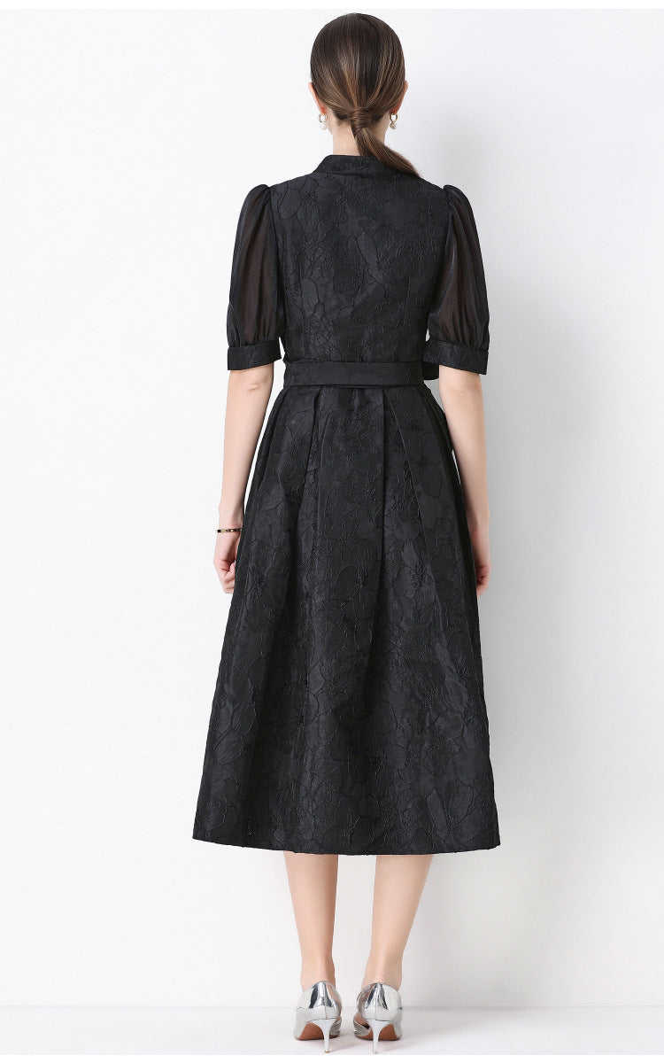 Jacquard Puff Sleeve V-Neck Maxi Dress