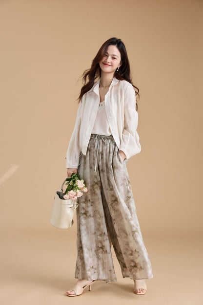 Elegant Ink Print Wide-Leg Tencel Pants