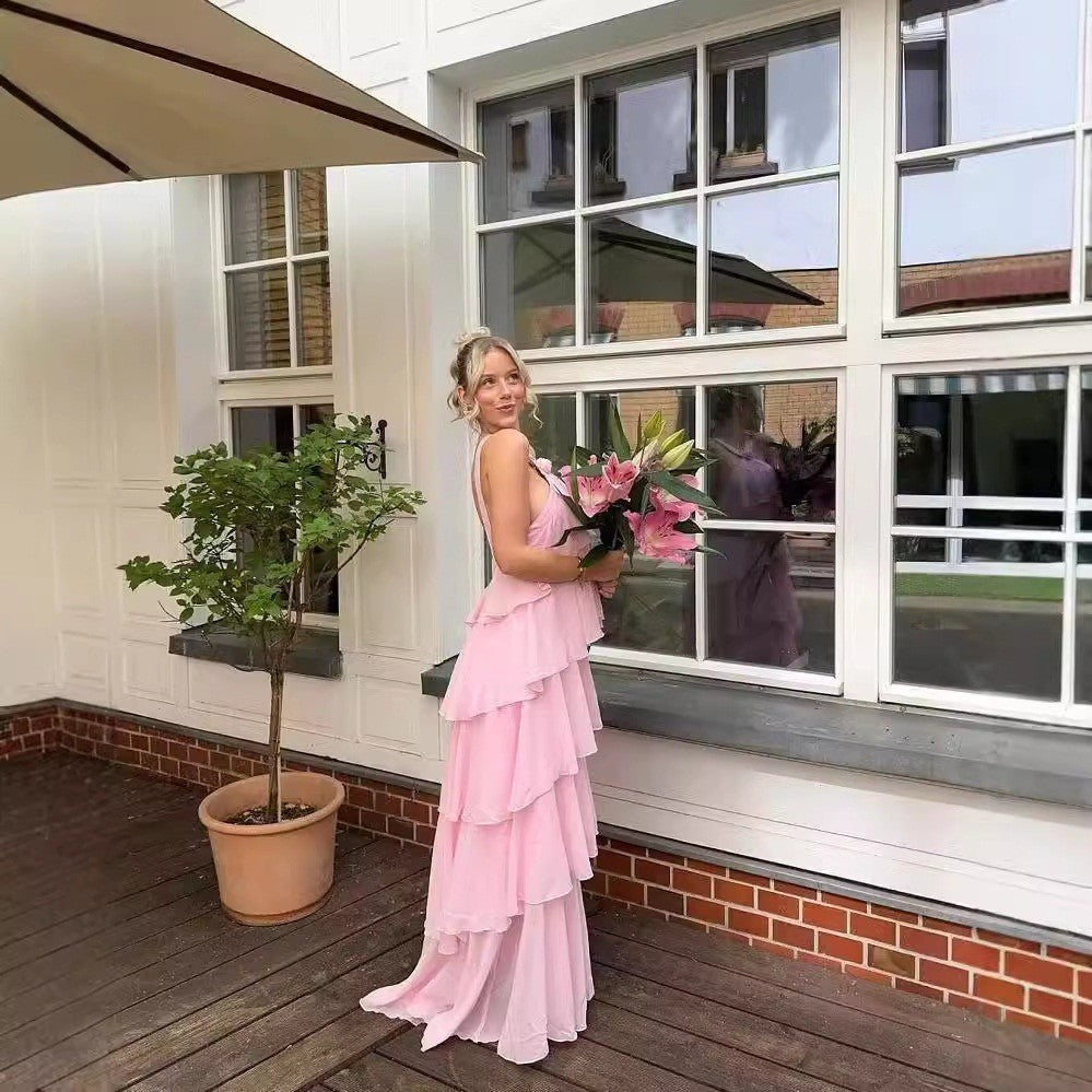 Pink Halter Tiered Maxi Dress