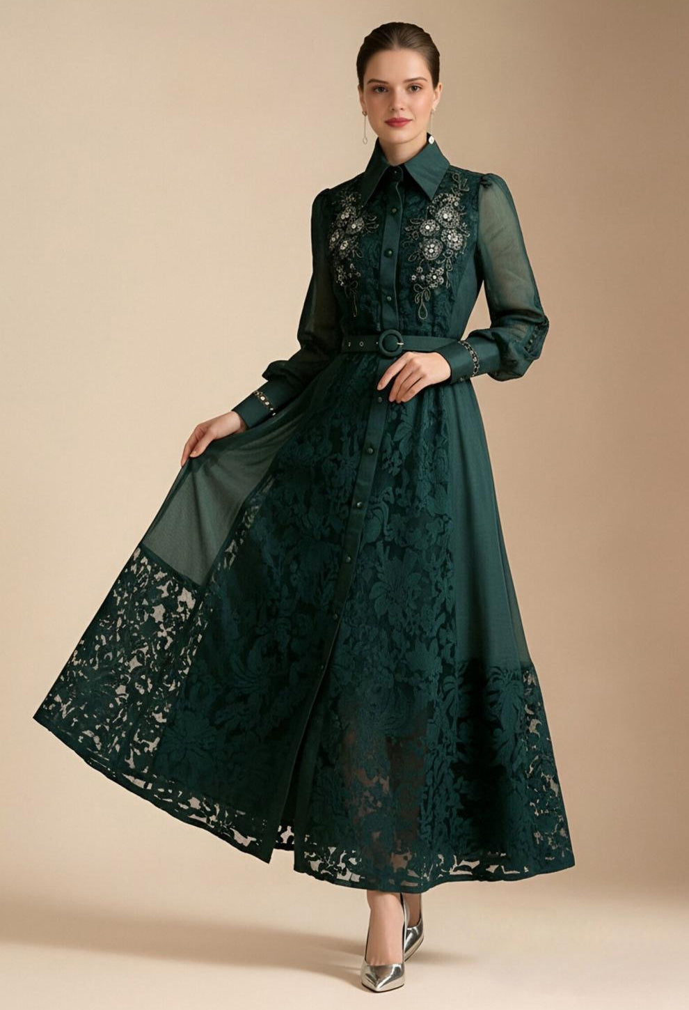 Lace Collar Lantern Sleeve Midi Dress