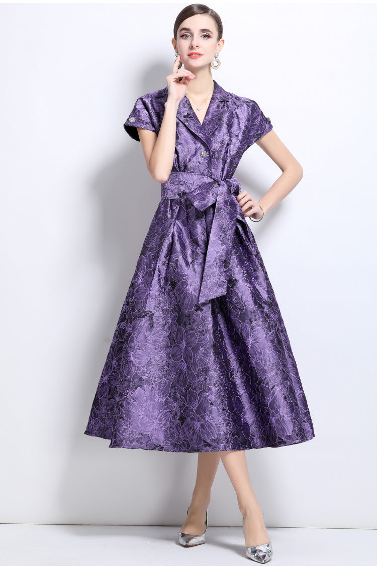 Jacquard A-Line Evening Gown with Full Flowing Skirt