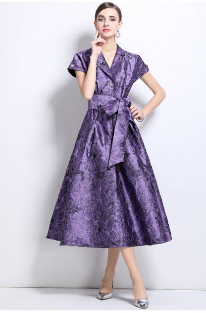 Jacquard A-Line Evening Gown with Full Flowing Skirt