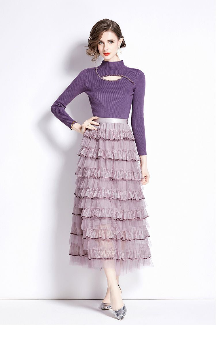 Layered Knit & Tulle Maxi Dress – Faux Two-Piece Design