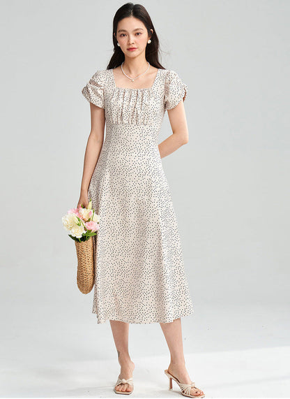Apricot Polka Dot Puff Sleeve Midi Dress
