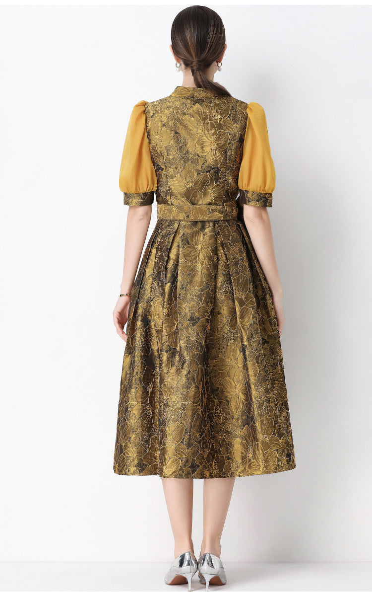 Jacquard Puff Sleeve V-Neck Maxi Dress