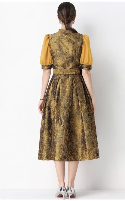 Jacquard Puff Sleeve V-Neck Maxi Dress