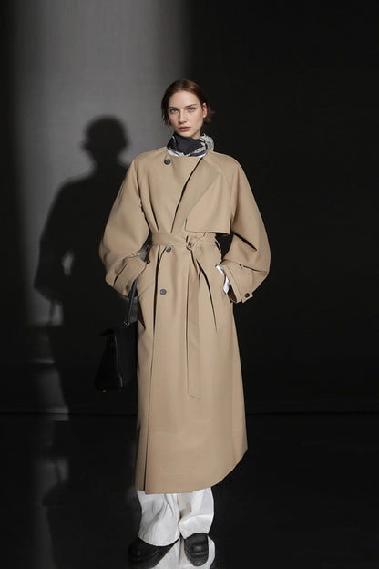 Minimalist Round Neck Wool Blend Trench Coat – Relaxed Fit
