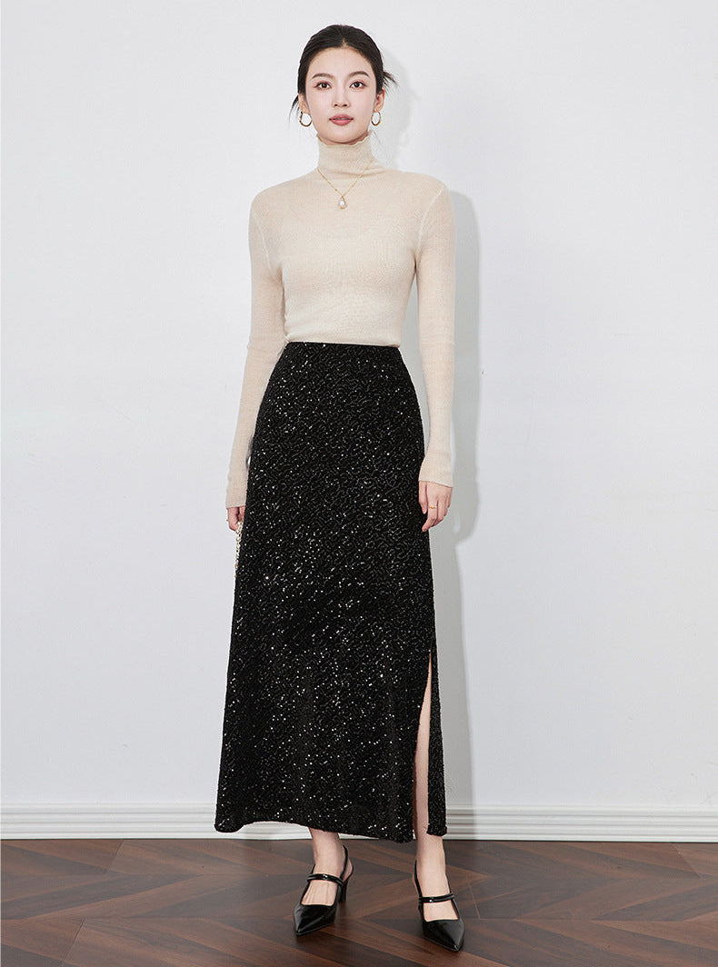 Velvet-Shine Sequin A-Line Midi Skirt