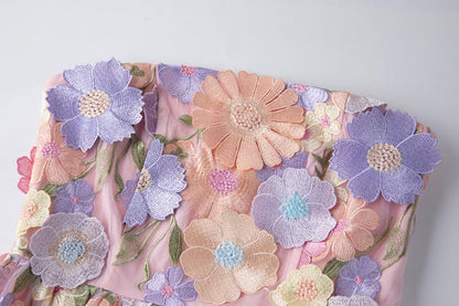 Strapless 3D Floral Embroidered Long Dress