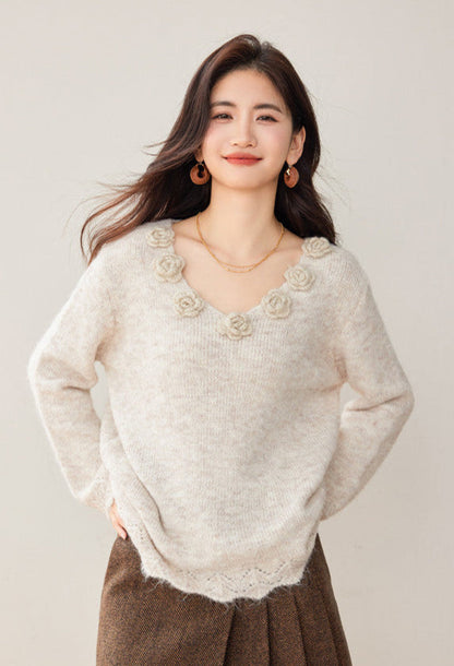 3D Floral Knit V-Neck Sweater