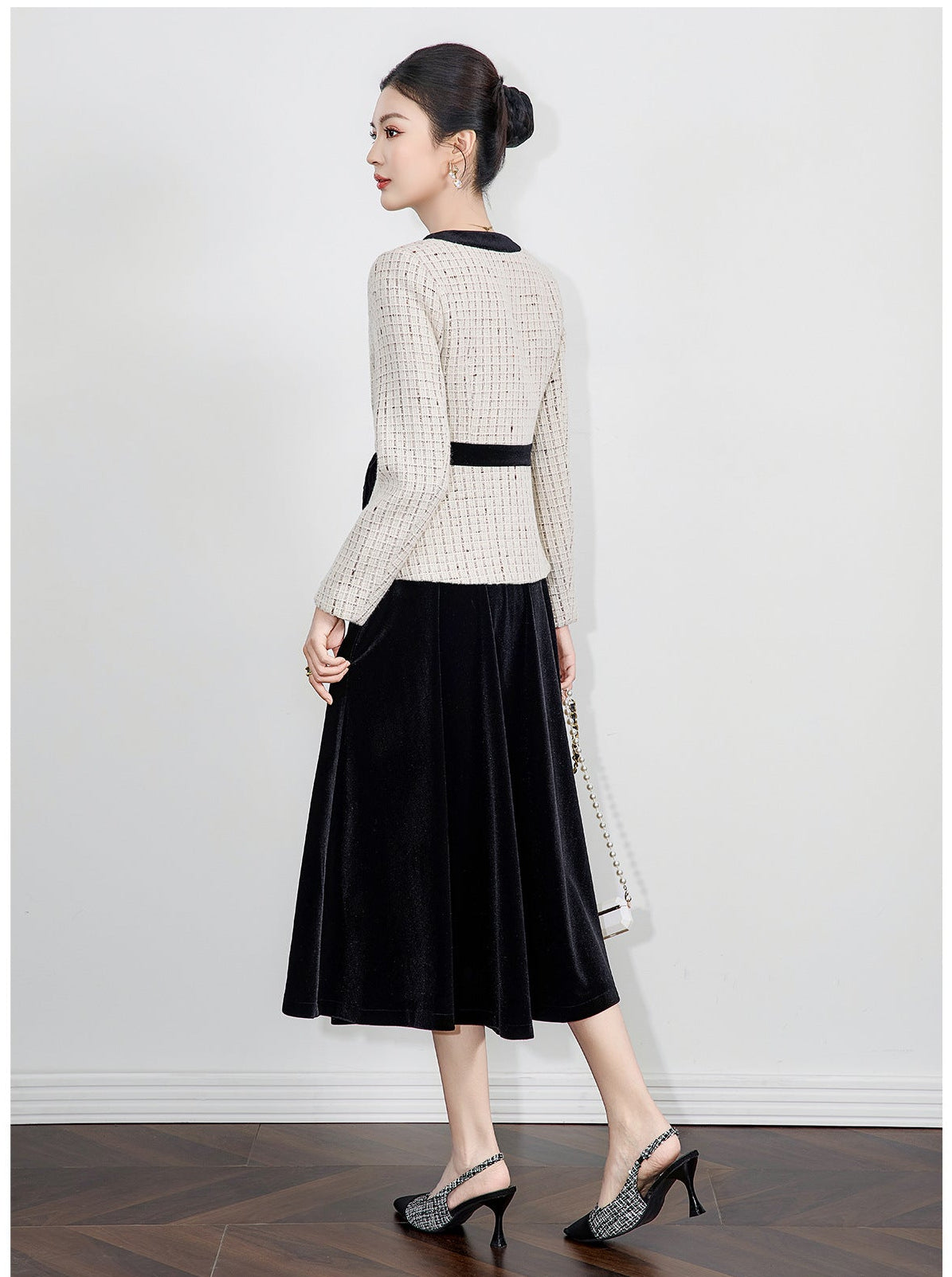 Bow-Detail Tweed Jacket & Velvet Skirt Set