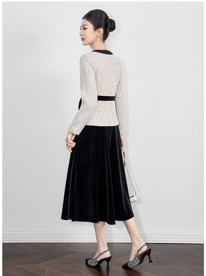 Bow-Detail Tweed Jacket & Velvet Skirt Set
