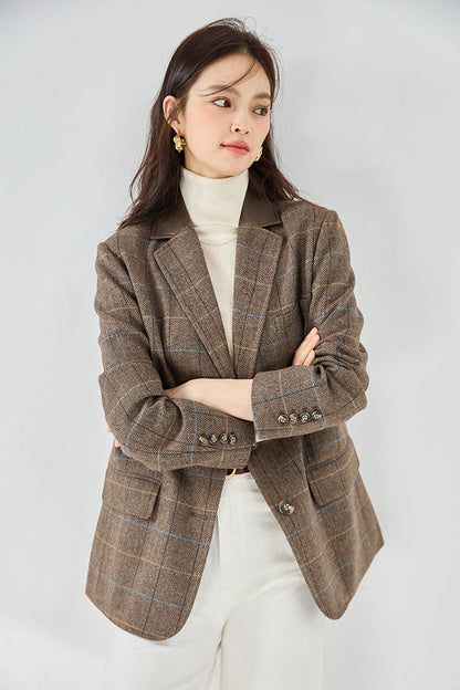 Fine Wool Plaid Oversized Blazer Coat – Coffee Brown