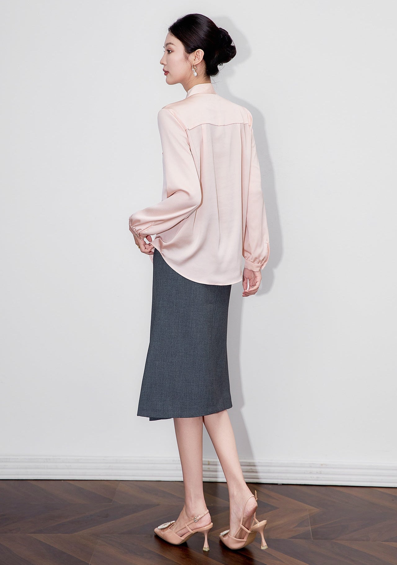 Powder Elegance Satin Bow-Tie Blouse – French-Inspired Sophistication