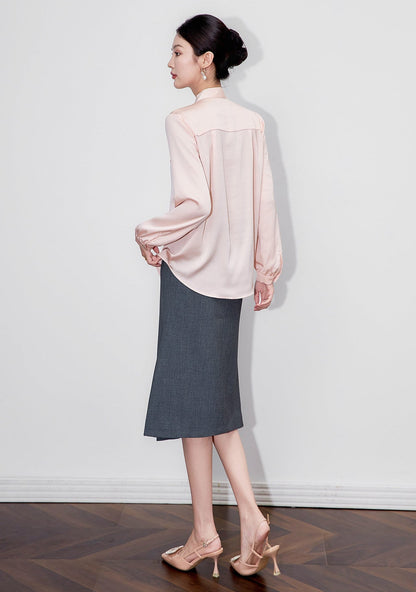 Powder Elegance Satin Bow-Tie Blouse – French-Inspired Sophistication