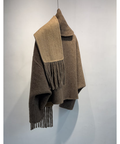 Alpaca Wool Short Double-Sided Coat with Scarf Detail