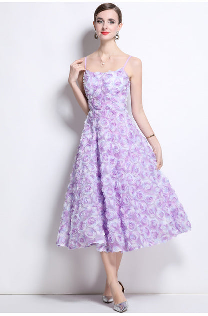 3D Rose Appliqué Strappy Midi Dress