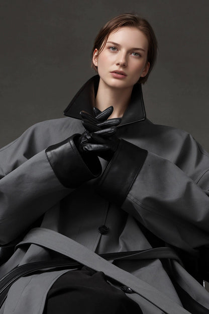 Leather-Trimmed Polo Collar Oversized Long Trench Coat