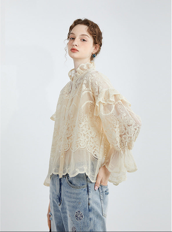 Embroidered Lace High-Neck Chiffon Blouse