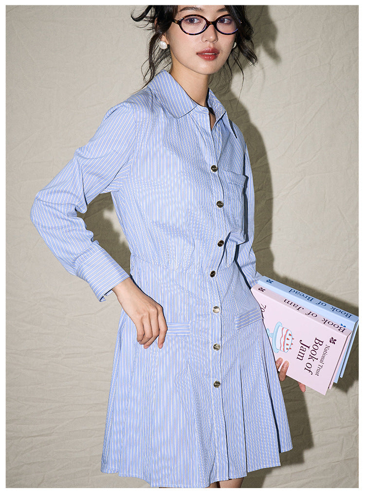 College-Style Blue & White Striped Shirt Dress
