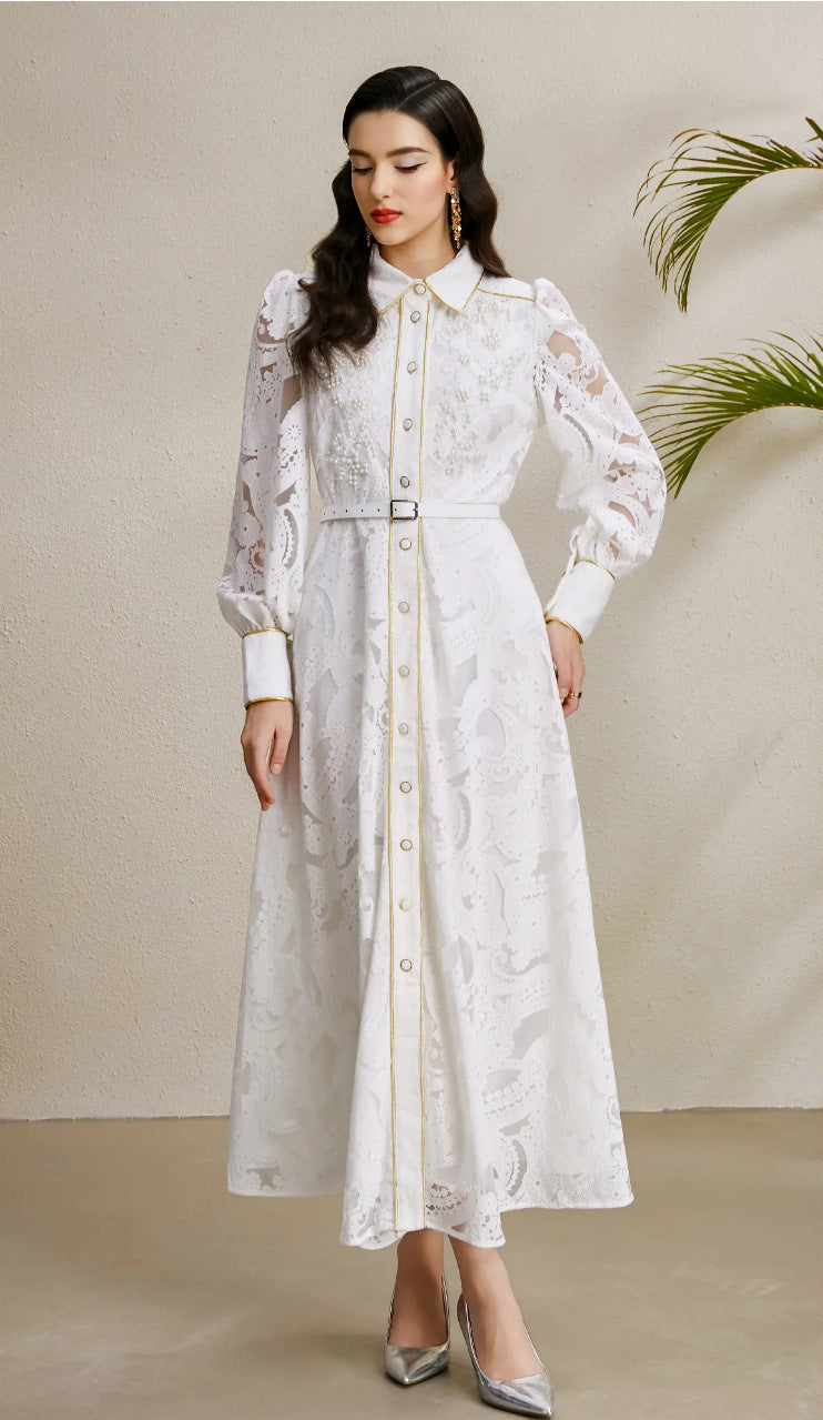 Beaded Lace Maxi Dress with Gold Trim – Elegant Retro Gown