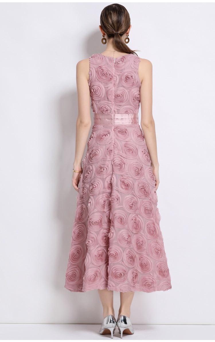 Elegant 3D Floral Belted Maxi Dress
