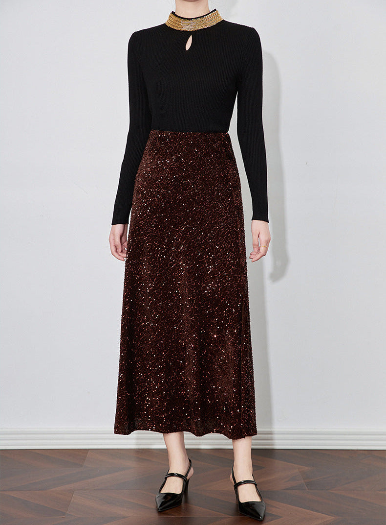 Velvet-Shine Sequin A-Line Midi Skirt