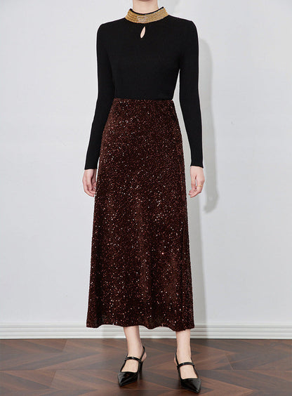 Velvet-Shine Sequin A-Line Midi Skirt