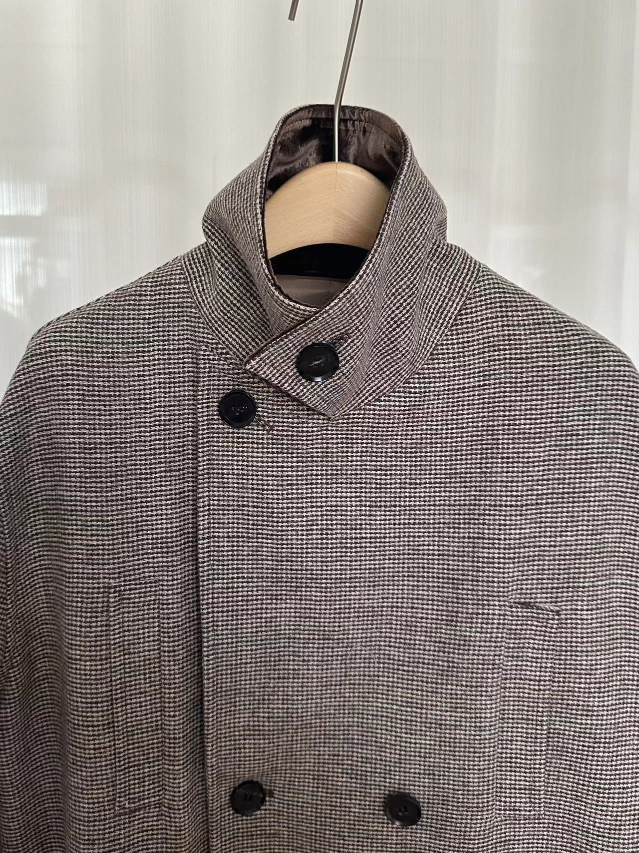 Extra Long Plaid Wool Coat with Silk-Blend Collar