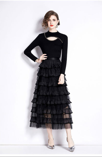 Layered Knit & Tulle Maxi Dress – Faux Two-Piece Design