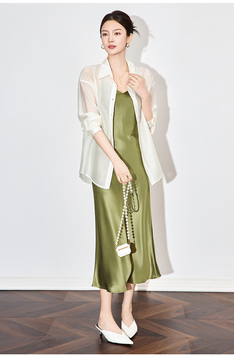 Satin-Texture Acetate Slip Dress with Spaghetti Straps