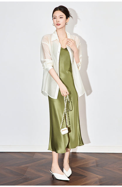 Satin-Texture Acetate Slip Dress with Spaghetti Straps