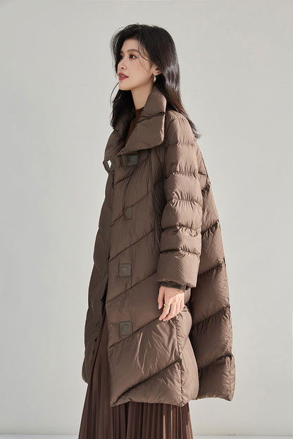 Minimalist Oversized Down Puffer Coat with Leather-Style Buttons