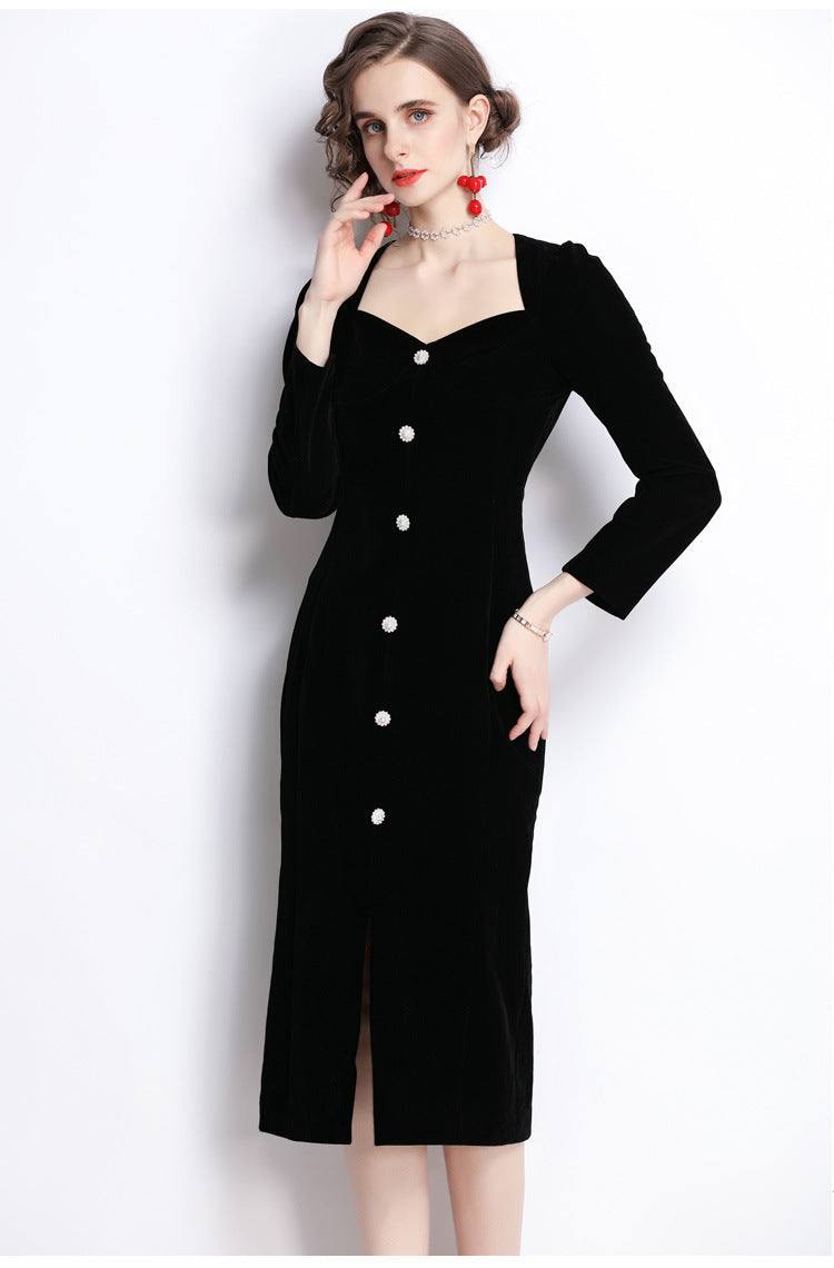 Black Velvet Elegant Slit Midi Dress – Classic French Sophistication