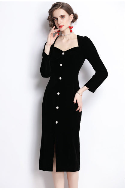 Black Velvet Elegant Slit Midi Dress – Classic French Sophistication