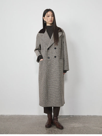 Extra Long Plaid Wool Coat with Silk-Blend Collar