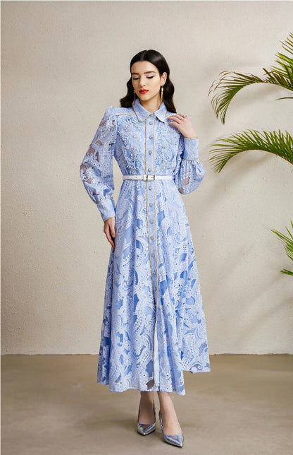 Beaded Lace Maxi Dress with Gold Trim – Elegant Retro Gown