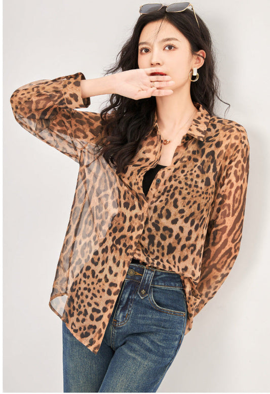 Leopard Print Sheer Mesh Shirt