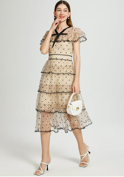 Retro Polka Dot Tiered Tulle Dress – Apricot Elegance