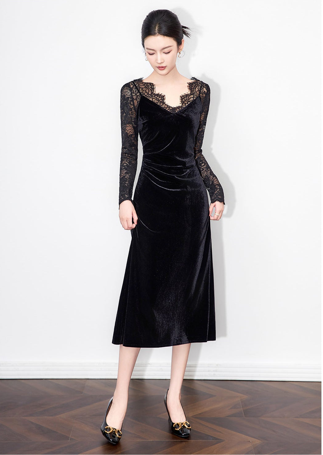 French Velvet Lace Embroidered Slim Dress