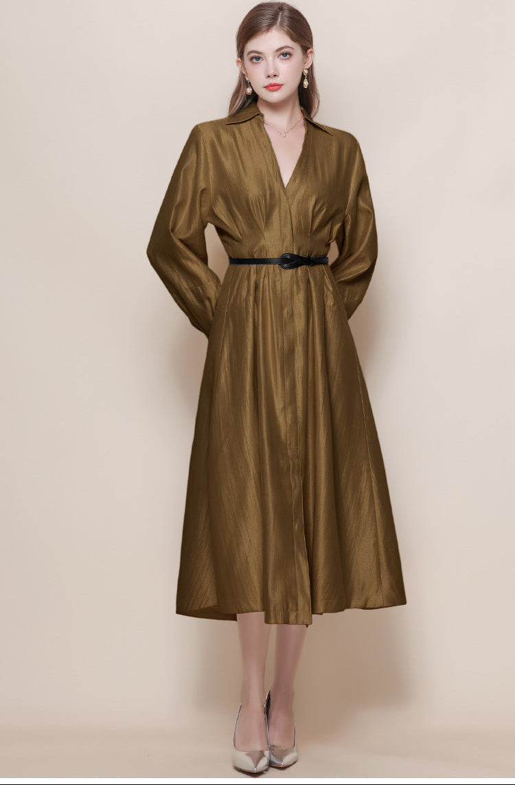 Silk-Texture Belted Midi Dress with Classic Collar