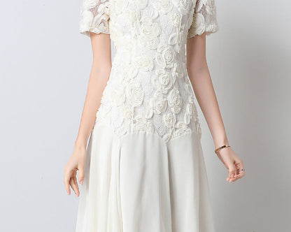 Lace Embroidered 3D Floral Square-Neck Midi Dress