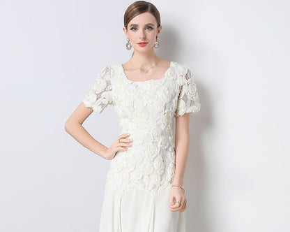 Lace Embroidered 3D Floral Square-Neck Midi Dress
