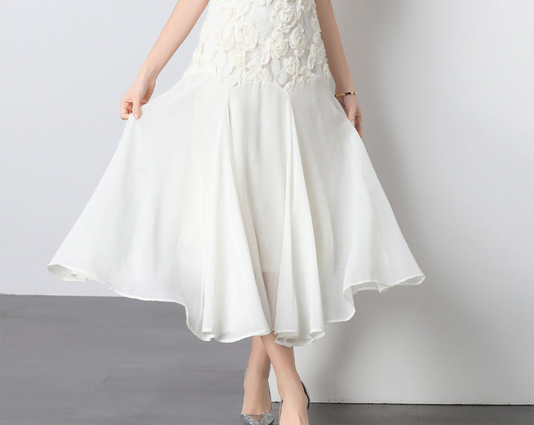 Lace Embroidered 3D Floral Square-Neck Midi Dress