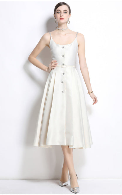 Crystal Strap Pleated Midi Dress