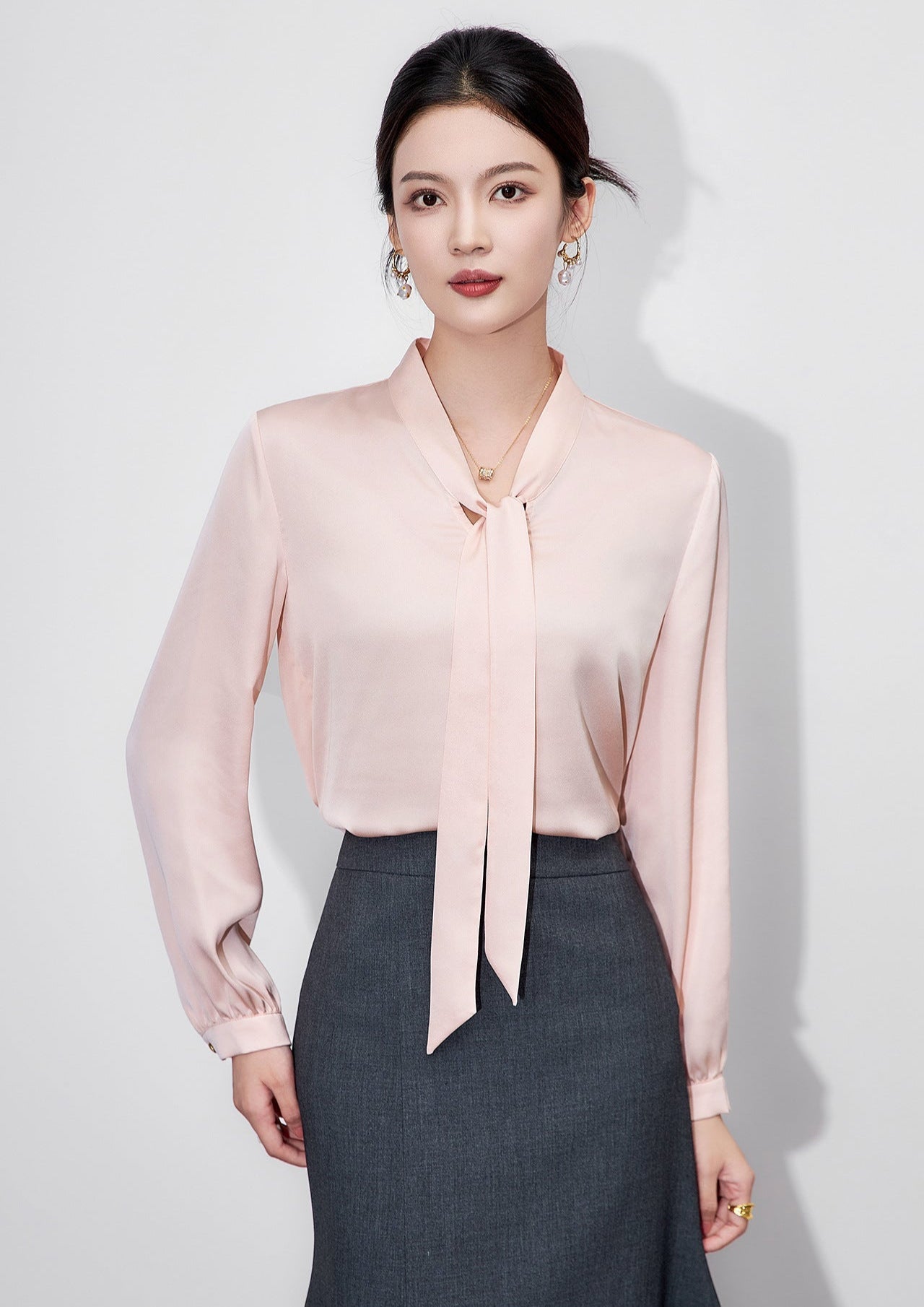 Powder Elegance Satin Bow-Tie Blouse – French-Inspired Sophistication