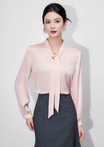 Powder Elegance Satin Bow-Tie Blouse – French-Inspired Sophistication